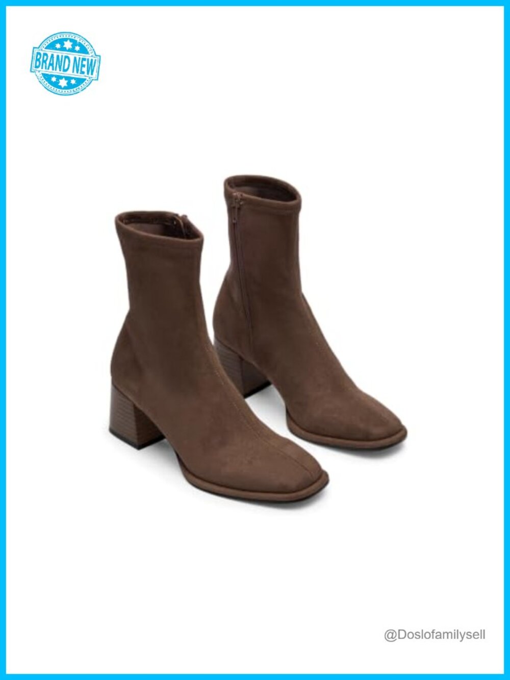 Womens Square Toe Chunky Heel Ankle Boots Side Zip Faux Suede Booties